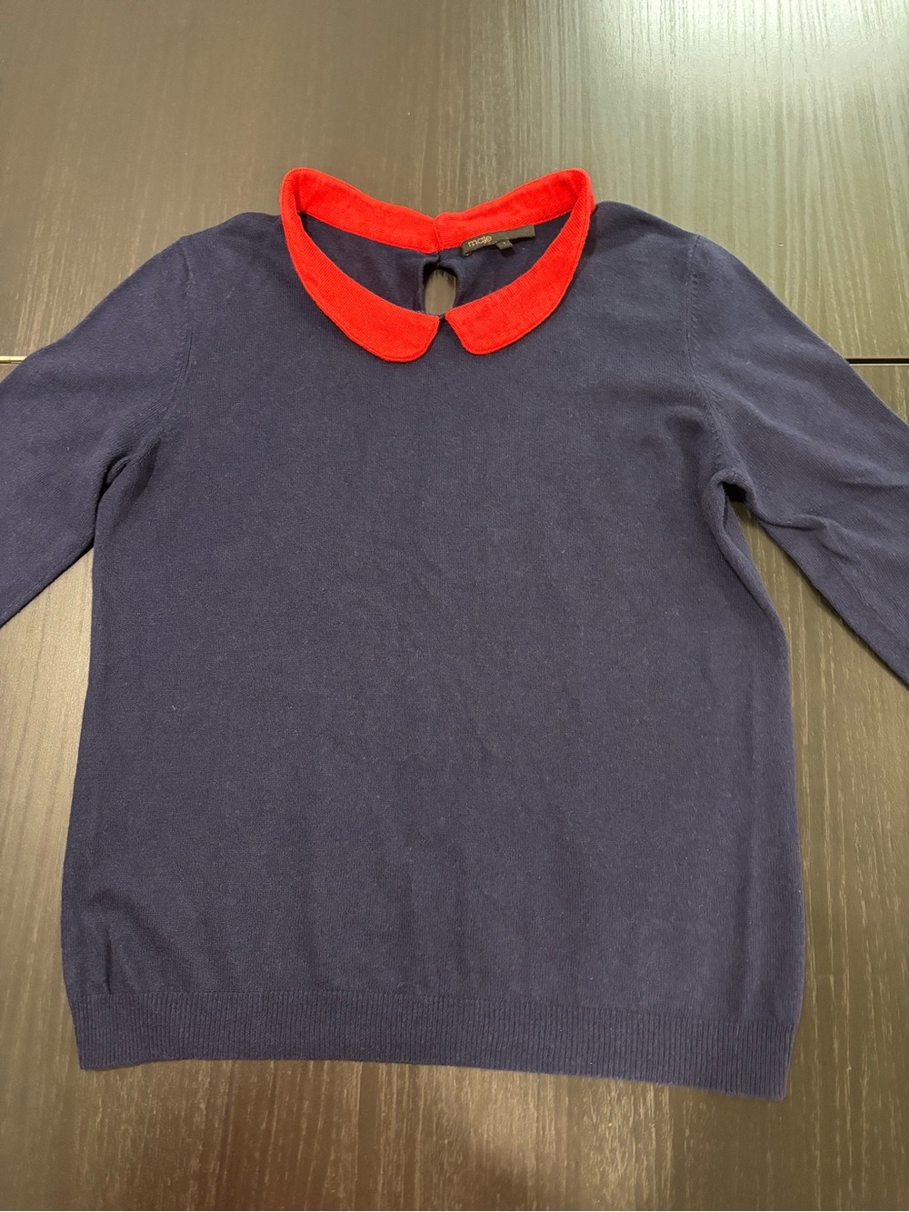 MAJE Navy Crewneck Cachemire Sweater with Red Peter Pan Collar